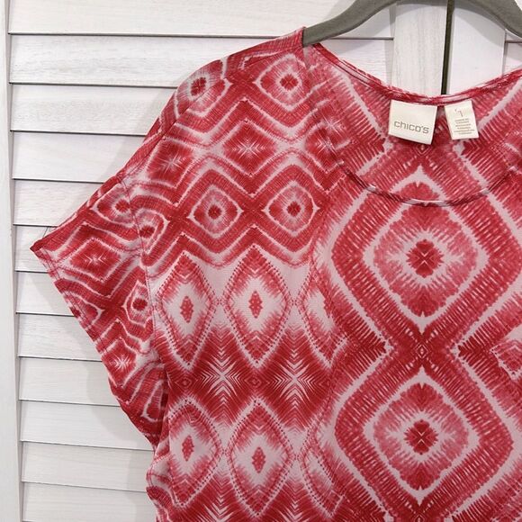 Chico’s Top Size 1 Medium Red Tie Dye Boxy Flowy - Picture 3 of 14